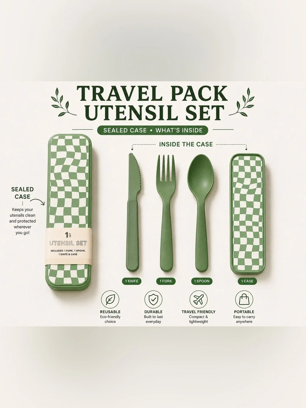 Travel Pack Utensil Set - Green Reusable with Case